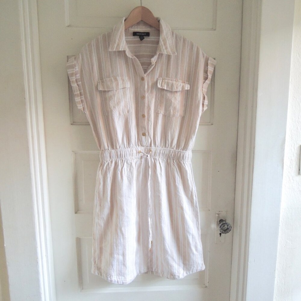 Ellen Tracy Linen Blend Tan & White Drawstring Mini Dress S